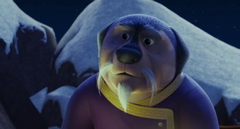 Movie still from “Rock Dog 2: Rock Around the Park” (2021), directed by Mark Baldo – A dog with a long white beard is standing in front of the moon; Close Up shot, Over the shoulder angle