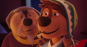 Movie still from “Rock Dog 2: Rock Around the Park” (2021), directed by Mark Baldo – A couple of stuffed animals that are next to each other; Close Up shot, Over the shoulder angle