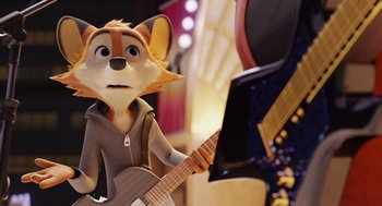 Movie still from “Rock Dog 2: Rock Around the Park” (2021), directed by Mark Baldo – A cartoon character is holding a guitar and playing; Close Up shot, Over the shoulder angle