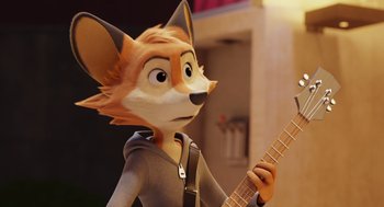 Movie still from “Rock Dog 2: Rock Around the Park” (2021), directed by Mark Baldo – A cartoon character is playing a guitar; Close Up shot, Over the shoulder angle