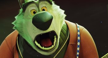 Movie still from “Rock Dog 2: Rock Around the Park” (2021), directed by Mark Baldo – A character's face in a costume; Close Up shot, Low angle