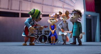 Movie still from “Rock Dog 2: Rock Around the Park” (2021), directed by Mark Baldo – A group of people standing next to each other on a stage; Wide shot, Over the shoulder angle