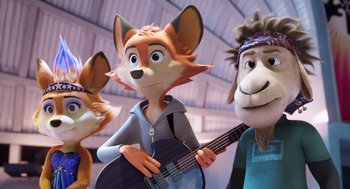 Movie still from “Rock Dog 2: Rock Around the Park” (2021), directed by Mark Baldo – A group of people that are standing in a room with a guitar; Close Up shot, Low angle