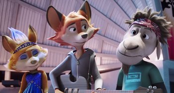 Movie still from “Rock Dog 2: Rock Around the Park” (2021), directed by Mark Baldo – A group of people that are standing in a room together; Medium shot, Over the shoulder angle