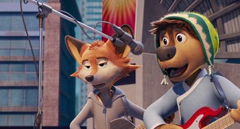 Movie still from “Rock Dog 2: Rock Around the Park” (2021), directed by Mark Baldo – A couple of people that are standing up together; Medium shot, Over the shoulder angle