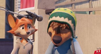 Movie still from “Rock Dog 2: Rock Around the Park” (2021), directed by Mark Baldo – Two cartoon characters are standing next to each other; Close Up shot, Over the shoulder angle