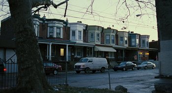 Movie still from “Rocky Balboa” (2006), directed by Sylvester Stallone – A white van parked on the side of the street; Extreme Wide shot, High angle