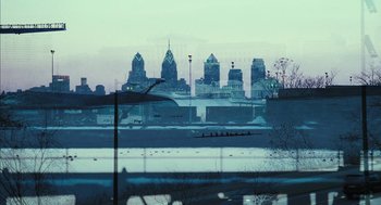 Movie still from “Rocky Balboa” (2006), directed by Sylvester Stallone – A view of a city from across the river; Extreme Wide shot, High angle