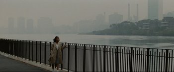 Movie still from “'Round Midnight” (1986), directed by Bertrand Tavernier – A woman standing next to a railing near a body of water; Extreme Wide shot, High angle