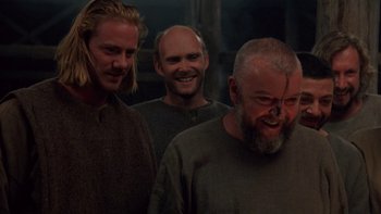 Movie still from “Royal Deceit” (1994), directed by Gabriel Axel – A group of men standing next to each other; Medium shot, Over the shoulder angle