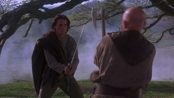 Movie still from “Royal Deceit” (1994), directed by Gabriel Axel – A man holding a sword in his hand and another man holding an axe in his hand; Medium shot, Over the shoulder angle