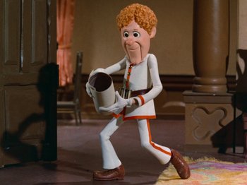 Movie still from “Rudolph and Frosty's Christmas in July” (1979), directed by Jules Bass – A man in a white outfit holding a bucket; Medium shot, Low angle