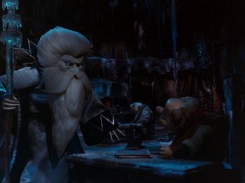 Movie still from “Rudolph and Frosty's Christmas in July” (1979), directed by Jules Bass – An image of a scene in the movie labyrinth; Medium shot, Low angle