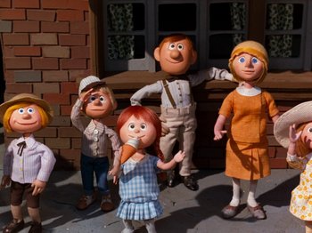 Movie still from “Rudolph and Frosty's Christmas in July” (1979), directed by Jules Bass – A group of people standing next to each other on a sidewalk; Medium shot, Low angle