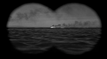 Movie still from “Run Silent Run Deep” (1958), directed by Robert Wise – A boat in the middle of the ocean with smoke billowing from it; Extreme Wide shot, High angle