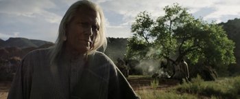 Movie still from “Godless” (2017), directed by Scott Frank – An old man with long white hair standing next to a tree; Close Up shot, Low angle