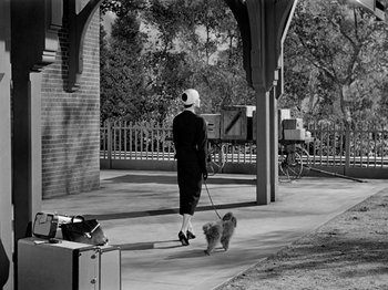 Movie still from “Sabrina” (1954), directed by Billy Wilder – An older woman walking a dog down a sidewalk; Wide shot, High angle