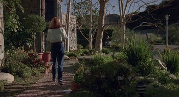 Movie still from “Safe” (1995), directed by Todd Haynes – A woman standing on a brick path in a garden; Wide shot, Low angle