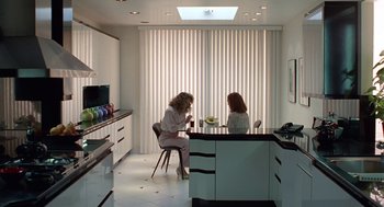 Movie still from “Safe” (1995), directed by Todd Haynes – Two women are sitting at a table in a kitchen; Wide shot, High angle
