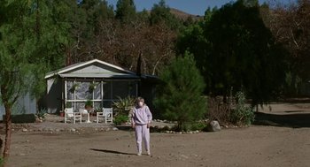 Movie still from “Safe” (1995), directed by Todd Haynes – An older woman standing in front of a house; Extreme Wide shot, High angle