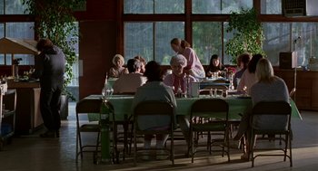 Movie still from “Safe” (1995), directed by Todd Haynes – A group of people sitting around a table; Wide shot, High angle