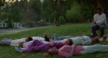 Movie still from “Safe” (1995), directed by Todd Haynes – A group of people laying in the grass; Wide shot, High angle