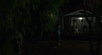Movie still from “Safe” (1995), directed by Todd Haynes – A person standing in the dark near a tree; Extreme Wide shot, Low angle