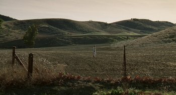 Movie still from “Safe” (1995), directed by Todd Haynes – A person standing in a field with a kite; Extreme Wide shot, High angle