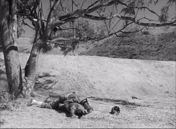 Movie still from “Sands of Iwo Jima” (1949), directed by Allan Dwan – A black and white photo of a soldier laying on the ground next to a tree; Wide shot, High angle