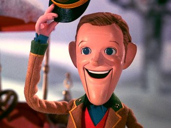 Movie still from “Santa Claus Is Comin' to Town” (1970), directed by Jules Bass – A toy story character's face; Close Up shot, Low angle