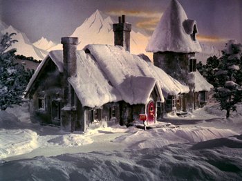 A painting of a house in the middle of the snow covered mountains
