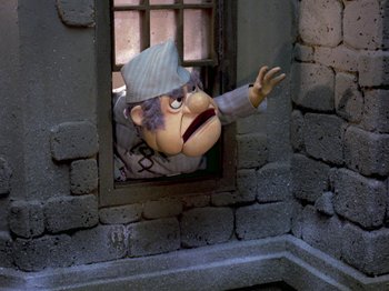 A cartoon character looking out of a window