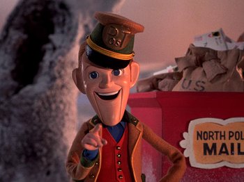 Movie still from “Santa Claus Is Comin' to Town” (1970), directed by Jules Bass – A cartoon of a man wearing a hat and a uniform; Close Up shot, Low angle