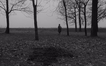 Movie still from “Satantango” (1994), directed by Béla Tarr – A person walking in a field near some trees; Extreme Wide shot, High angle