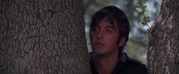 Movie still from “Scarecrow” (1973), directed by Jerry Schatzberg – A man leaning up against a large tree; Close Up shot, Low angle
