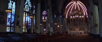 Movie still from “Scarecrow” (1973), directed by Jerry Schatzberg – A church with a lot of stained glass in it; Extreme Wide shot, Low angle