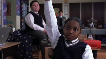 Movie still from “School of Rock” (2003), directed by Richard Linklater – A boy raises his hand in front of an older woman; Medium shot, Low angle