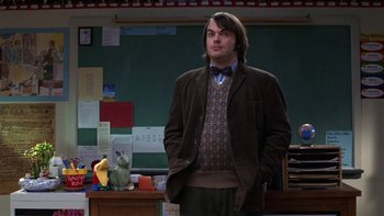Movie still from “School of Rock” (2003), directed by Richard Linklater – A man standing in front of a chalkboard in a classroom; Medium shot, Over the shoulder angle