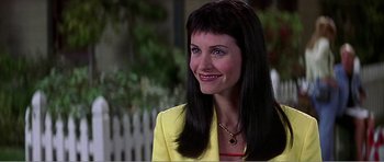 Movie still from “Scream 3” (2000), directed by Wes Craven – A woman with long black hair wearing a yellow jacket; Close Up shot, Over the shoulder angle