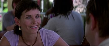 Movie still from “Scream 3” (2000), directed by Wes Craven – A person sitting on a chair; Close Up shot, Over the shoulder angle