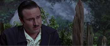 Movie still from “Scream 3” (2000), directed by Wes Craven – A person sitting in front of a tree; Close Up shot, Over the shoulder angle