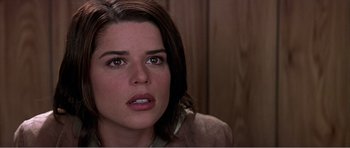 Movie still from “Scream 3” (2000), directed by Wes Craven – A person with brown eyes; Close Up shot, Low angle