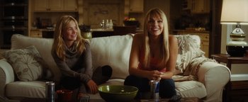 Movie still from “Scream 4” (2011), directed by Wes Craven – Two women sitting on a white couch in a living room; Medium shot, Over the shoulder angle