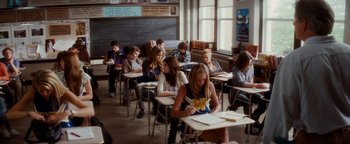 Movie still from “Scream 4” (2011), directed by Wes Craven – A group of people sitting at desks in a classroom; Wide shot, High angle