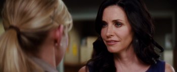 Movie still from “Scream 4” (2011), directed by Wes Craven – A woman talking to another woman in front of a building; Close Up shot, Over the shoulder angle