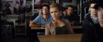 Movie still from “Scream 4” (2011), directed by Wes Craven – A group of people sitting at a table; Medium shot, Over the shoulder angle