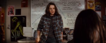 Movie still from “Scream 4” (2011), directed by Wes Craven – A person standing in front of a whiteboard; Medium shot, Over the shoulder angle