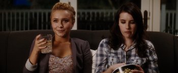 Movie still from “Scream 4” (2011), directed by Wes Craven – Two women are sitting on a couch and one of them is holding a plate of food; Medium shot, Over the shoulder angle