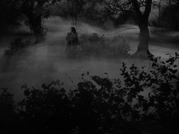 Movie still from “Secret Beyond the Door...” (1947), directed by Fritz Lang – Two people walking through a foggy forest on a swing; Extreme Wide shot, High angle