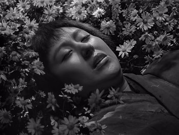 Movie still from “Seven Samurai” (1954), directed by Akira Kurosawa – Black and white photograph of a woman laying in a bed of flowers; Close Up shot, Overhead angle